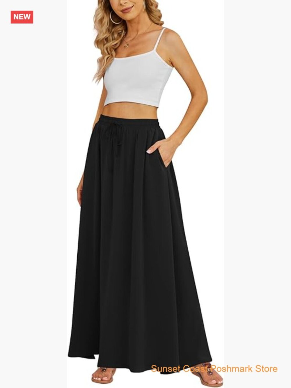 Flowy Maxi Skirt with Pockets Pleated High Waisted Casual Long Summer